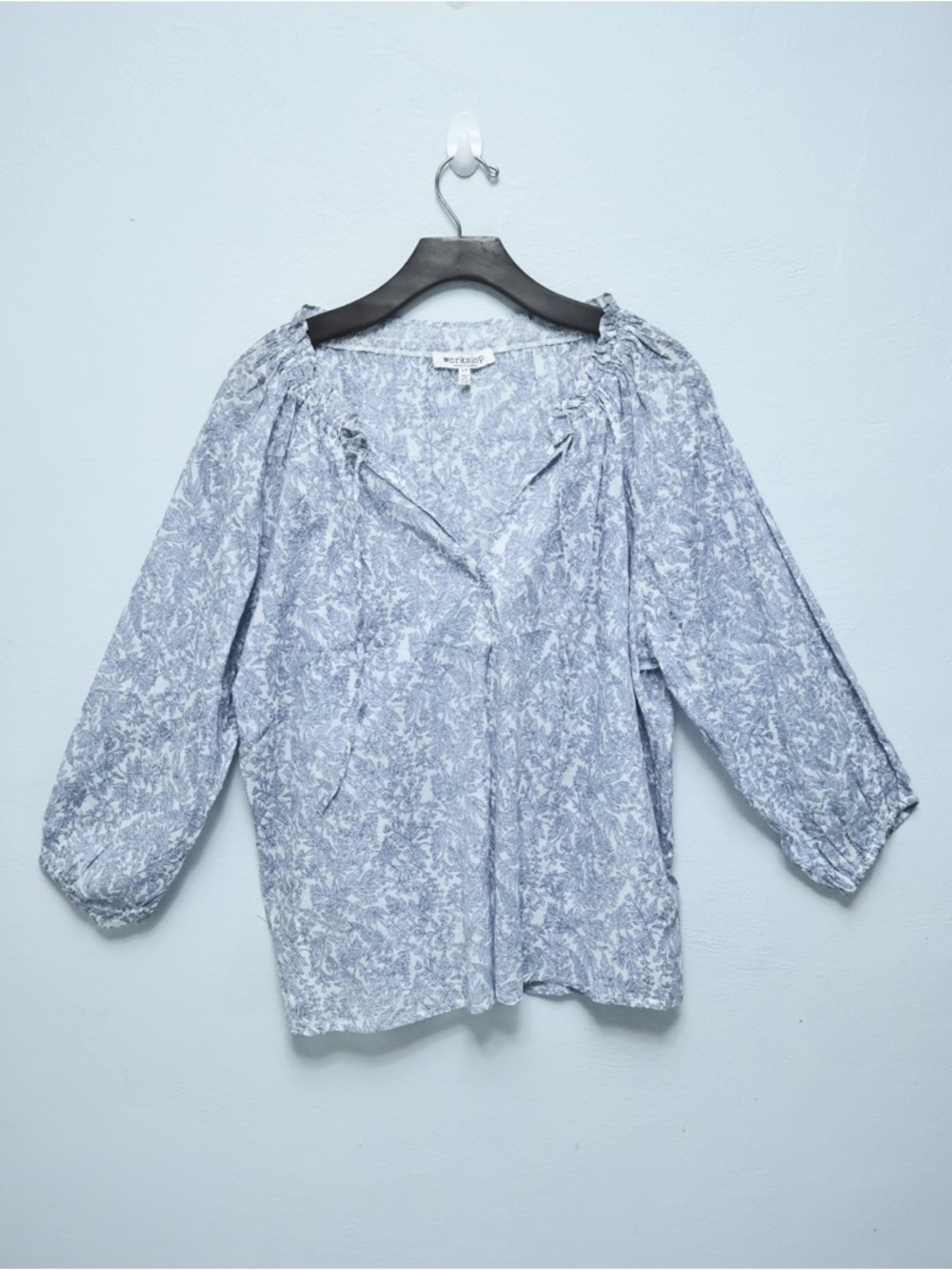 Workshop Republic Clothing Blue Floral Tie-Neck Blouse